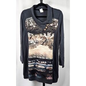 Dolcezza Womens Top Tunic M Dark Gray Landscape Long Sleeve Wooden Button Nature